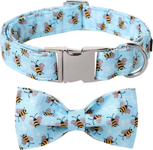 Maca Bates Blue Bee Dog Collar with Bow Bowtie for Dogs Bow Tie Adjustable Breakaway Blue Collars Accessories Birthday Gift for Small Medium Large...
