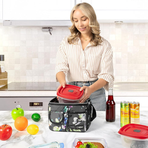 opux Insulated Lunch Bag for Men Women, Leakproof Floral Grey Lunch Box for Work, Portable Soft Lunch Cooler Bag with Shoulder Strap, Adult Lunchb...