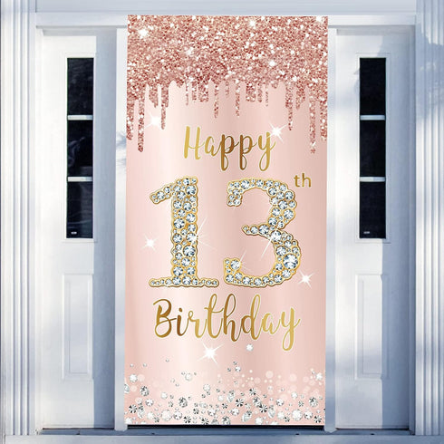 Happy 13th Birthday Door Banner Backdrop Decorations for Girls, Pink Rose Gold 13 Birthday Party Door Cover Sign Supplies, Thirteenth Year Old Bir...