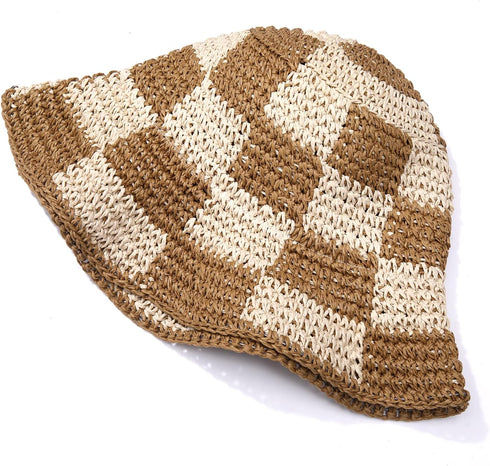 Sun Hats Checkerboard Straw Bucket Hat for Women Packable Crochet Wide Brim Floppy Beach Hats Traveling Summer Accessories...