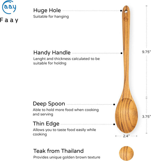 FAAY 13.5" Teak Cooking Spoon, Wooden Spoon, Mixing Spoon Handcraft from Teak | Healthy and High Moist Resistance for Non Stick Cookware...