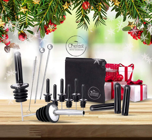 Bottle Pourers Set: 8 Stainless Steel Pour Spouts, 10 Long Dust Cap, 2 Cocktail Picks, Brush and Storage Bag - Metal Toppers for Liquor Spout Pour...
