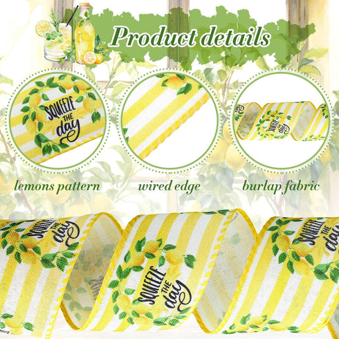 6 Rolls 30 Yards Lemon Wired Edge Ribbon Summer Yellow Lemon Gnome Truck Craft Ribbons Lemon Buffalo Plaid Check Stripe Farmhouse Fabric Ribbon fo...