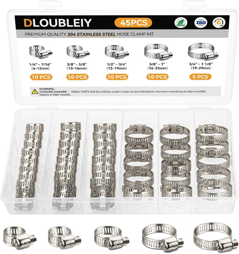 45PCS Hose Clamp Assortment Kit - Stainless Steel Hose Clamps with Worm Gear, Adjustable 1/4'' to 1-1/8'' (6-29mm) for Plumbing, Automotive, and M...