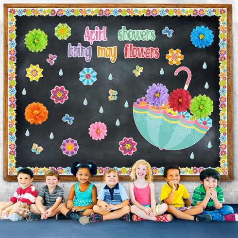 TaoBary 96 Pcs April Showers Bring May Flowers Bulletin Board Cutouts with 3D Tissue Paper Flower Spring Bulletin Board Classroom Decoration for S...