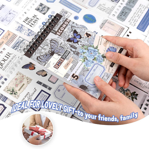 RISYPISY 473PCS Vintage Washi Sticker Book for Scrapbookling - 50 Sheets Blue Pre-cut Journaling Stickers, Ephemera for Junk Journal Supplies DIY ...
