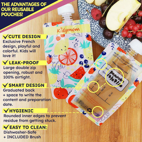 10-Pack Reusable Baby Food Pouches for Kids & Toddlers - Includes 1 XXL Silicone Pouch - 5 oz Zipper Pouches for Applesauce, Puree - Refillable Sq...
