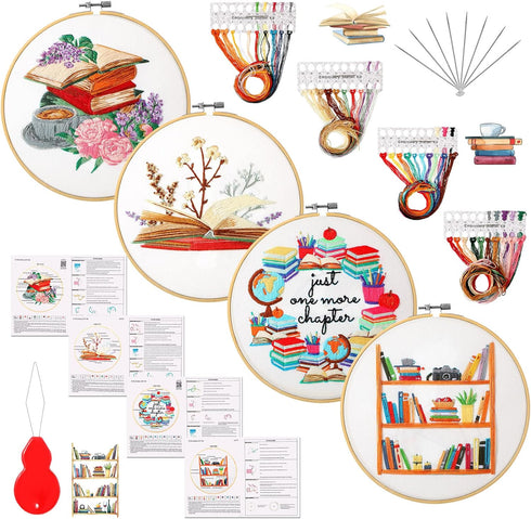 Unittype 4 Set Embroidery Kit for Adults Book Lovers, DIY Cross Stitch Kit with Bamboo Hoops, Needles, Threads, Instructions...