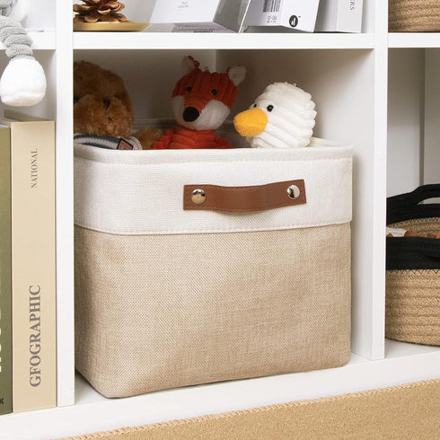 DULLEMELO Collapsible Rectangle Fabric Storage Basket for Organizing Clothes, Toys, Towels, Books, Laundry, Nursery, Dog Toys (White & Khaki)...