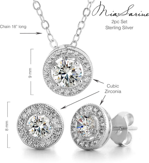 Women's Earrings - 925 Sterling Sliver Art Deco Bridal Wedding Halo Crystal Stud Earrings and Pendant Necklace Set...