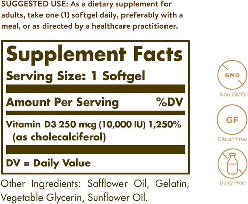 Solgar Vitamin D3 Cholecalciferol 250 MCG 10000 IU Softgels Helps Maintain Healthy Bones Teeth Immune System Support Non GMO Gluten, Dairy Free Se...