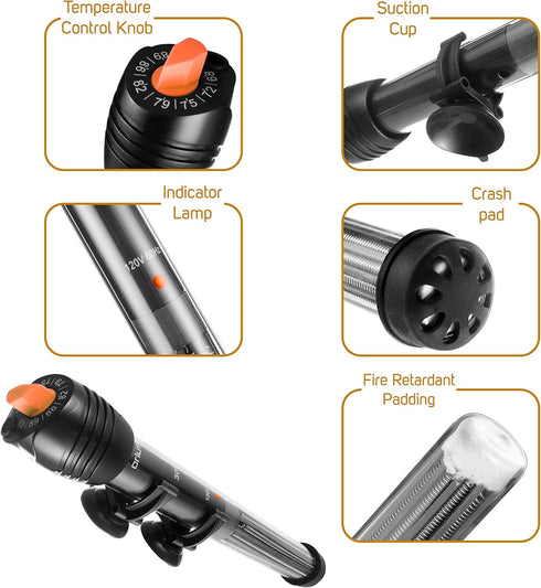 Orlushy Submersible Aquarium Heater,100W Adjustable Fish Tahk Heater with 2 Suction Cups Free Thermometer Suitable for Marine Saltwater and Freshw...