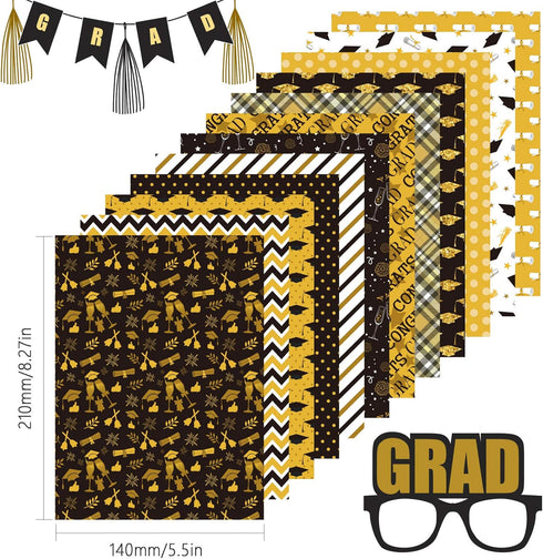 Whaline Graduation Pattern Paper 60 Sheet A5 Size Black Gold Graduation Diploma Cap Pattern Paper Double-Sided Congrats Grad Decorative Origami Pa...