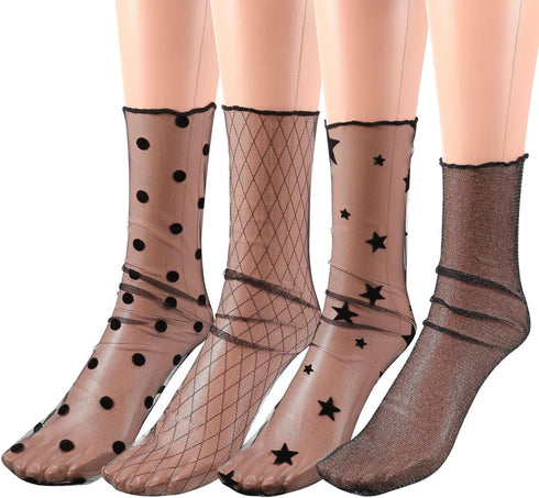 BESTOYARD 4 Pairs Women Ankle High Socks Sheer Slouch Socks Transparent Lace Socks, Black, Medium...