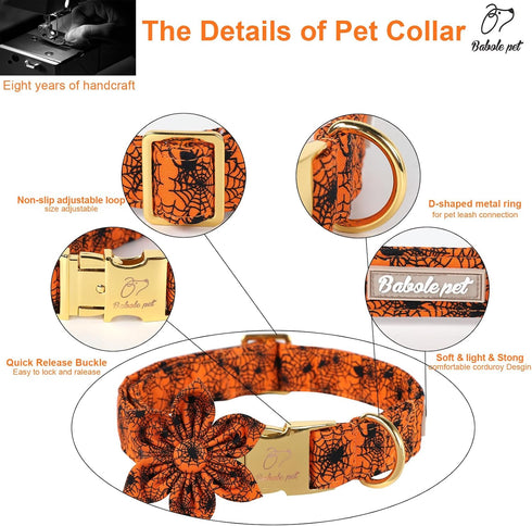 Halloween Dog Collars for Small Dog with Flower Tie,Fall Black Spider Dog Collar with Safety Metal Buckle Adjustable Puppy Collars for Medium Larg...