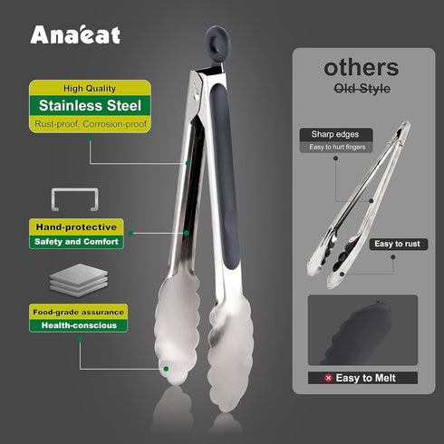Anaeat Stainless Steel Locking Tong Set of 3 - Premium 7, 9 and 12 inch Kitchen Food Tongs with Non-Slip Silicone Tips and Grip for Serving, Cooki...