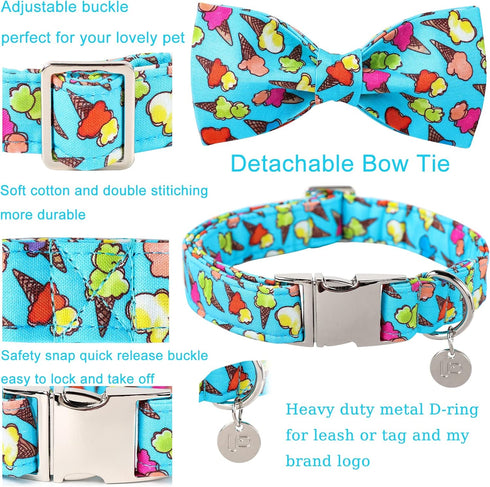 Summer Dog Collar with Bow Tie, Cotton Cute Bowtie Dog Collar, Summer Bowtie Collar for X-Large Boy Girl Dog, Comfortable Blue Dog Collar with Met...