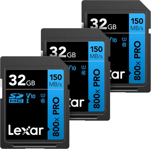 Lexar 32GB (3-Pack) High-Performance 800x PRO SDHC UHS-I Memory Card, C10, U1, V10, 4K UHD Video, Up to 150MB/s Read, for Point-and-Shoot & Mid-Ra...