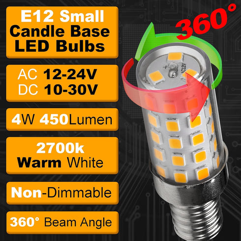 12V E12 LED Candelabra Bulb 40Watt Equivalent Warm White 2700K 4W 450Lm Low Voltage AC12-24V/DC10-30V for RV Camper Marine Boat Cabin Patio Landsc...