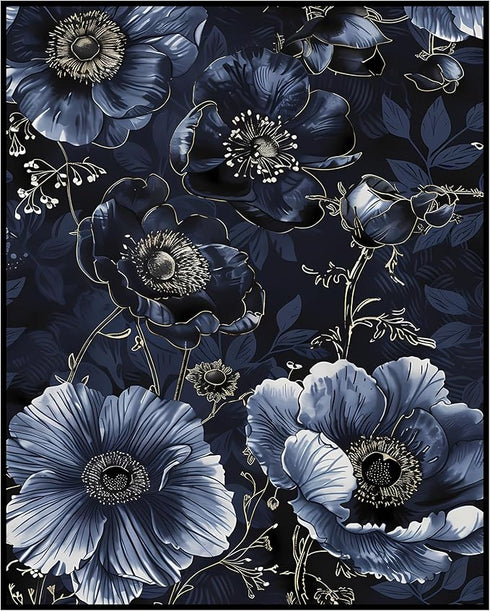 Posterizer 1 pcs-dark navy blue and purple flowers-chic decor-Floral & Botanical Art-Abstract & Modern Art-Decor for Home & Office- UNFRAMED Wall ...