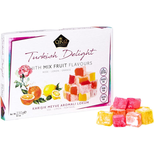 Cerez Pazari Turkish Delight with Rose, Orange and Lemon Mix Flavours 8.1 Oz Gourmet Small Size Snacks Gift Box, No Nuts Sweet Traditional Confect...