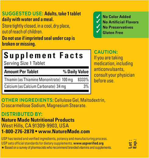 Nature Made Vitamin B1 100 mg, Dietary Supplement for Energy Metabolism Support, 100 Tablets, 100 Day Supply...