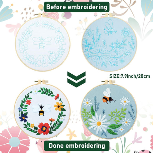Yinder Embroidery Starter Kit for Beginners 5 Set Cross Stitch Kits for Adults with Floral and Bee Pattern Include 2 Embroidery Hoops, 5 Embroider...
