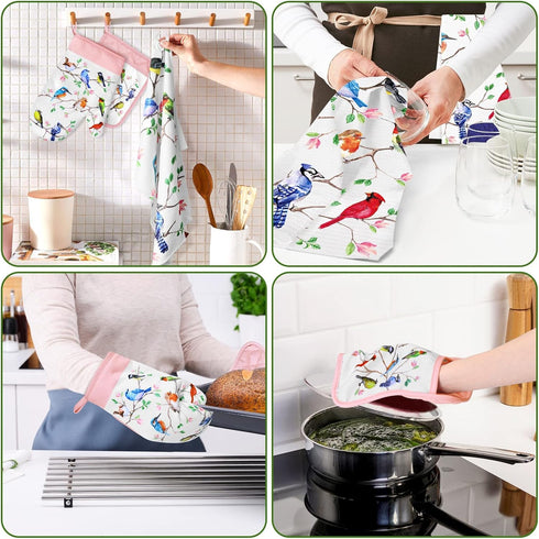 Vansolinne Birds Kitchen Dish Towels Pot Holder Oven Mitt with Loop Kit Spring Gifts for Bird Lovers Teacher Women Mom Birdies on Wire Cardinal Hu...