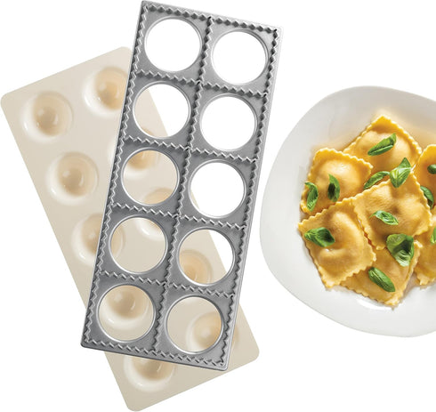 Ravioli Mold with Extra Large 2 1/2 Inch Squares- Authentic Ravioli Tray and Press, Makes 10 Italian Raviolis at a Time, Easy to Use Pasta Maker K...