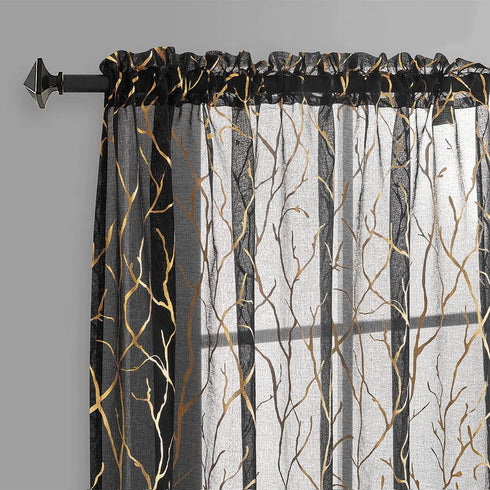 FINECITY Black Gold Sheer Curtains for Bedroom - Metallic Gold Foil Tree Branch Black Sheer Curtains 63 Inch Length Black and Gold Window Curtain ...