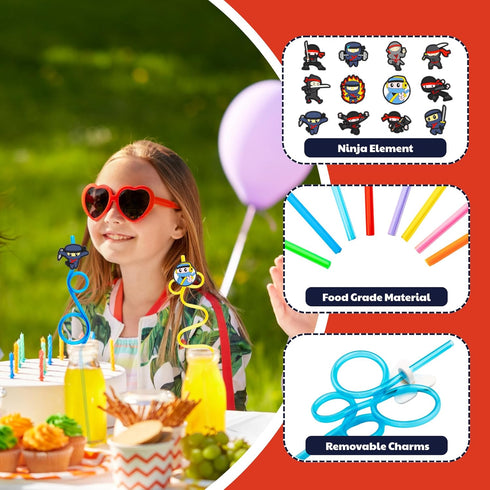 24 Ninja Drinking Crazy Straws for Kids | Ninja Themed Warrior Birthday Party Supplies Favors Decorations with 24 PVC Charm, 2 Cleaning Brushes Re...