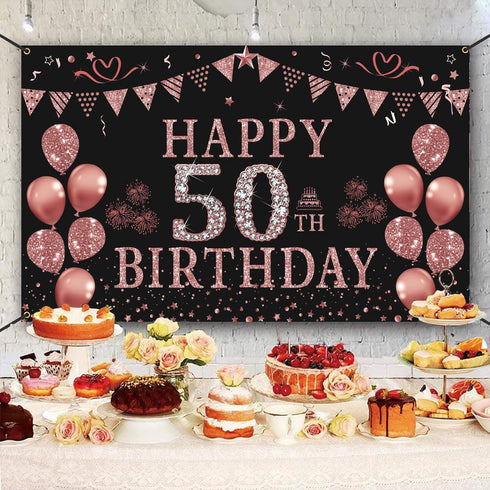 Trgowaul 50th Birthday Decorations for Women - Rose Gold 50th Birthday Banner Backdrop 50th Birthday Party Suppiles Photography Supplies Backgroun...