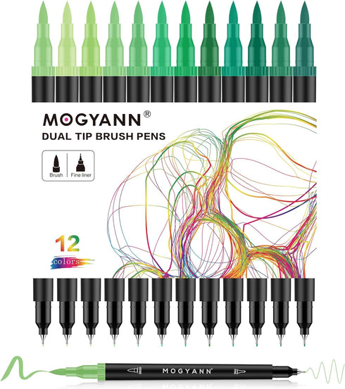 Mogyann Green Tone Markers, 12 Pack Dual Brush Pens Drawing Markers for Art Sketching...
