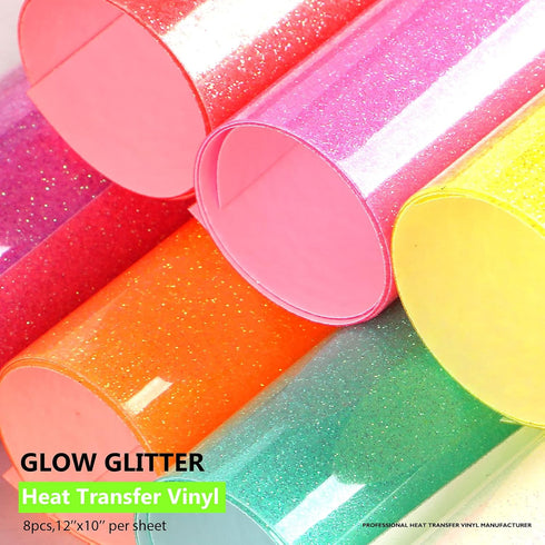 Glitter Glow in Dark Permanent Vinyl Iron on Shirts, Heflashor Glow in The Dark HTV Vinyl for Party Luminous Heat Transfer Vinyl Sheets Bundle, 12...
