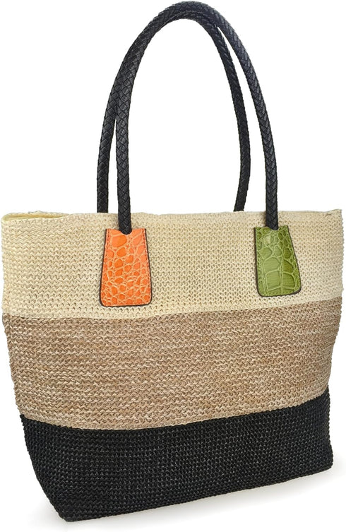 HOXIS Color Block Crocodile Pattern Stripes Woven Synthetic Straw Tote Womens Shoulder Handbag #Lovewin...