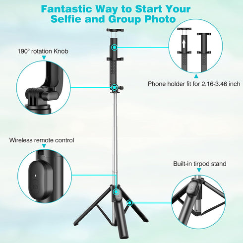 Selfie Stick, Extendable Selfie Stick Tripod with Wireless Remote & Phone Holder, Portable Phone Tripod for Group Selfie/Live Streaming/Video Reco...