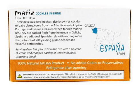 Matiz España Wild Cockles from Galicia, Spain in Natural Sea Salt Brine (4 oz.) Spanish Berberechos, Small Clams, Hand Packed, Size 45/55 (Pack of...
