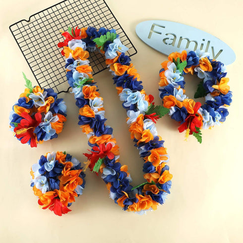 Hawaiian Luau Flower Leis Jumbo Necklace Bracelets Headband Set Mahalo Floral Leis (Blue and Orange)...