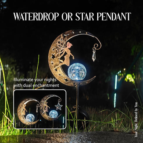 Solar Garden Decor Light - Moon Fairy Stake with Waterdrop & Star Charms, Waterproof Cool White for Patio, Lawn, Pathway, Yard...