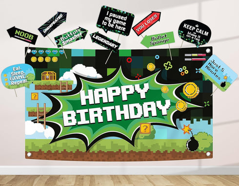 Video Game Party Decoration Kit - Includes Photography Backdrop & 10 Studio Selfie Photo Booth Props with Sticks - Gamer Theme Studio Background B...