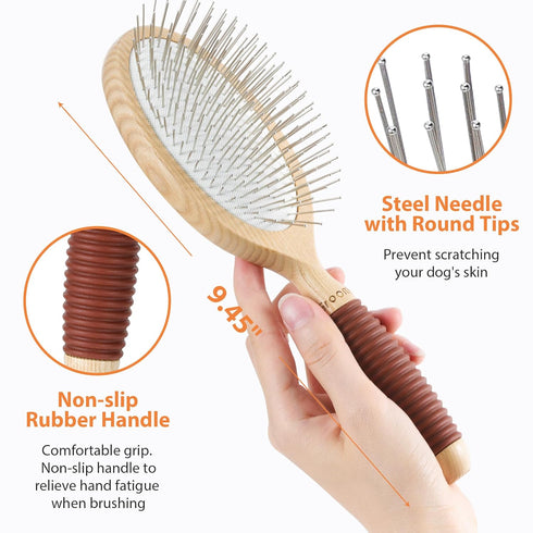 Dog Brush for Long Haired Dogs, Deshedding Dog Brush, 27mm Extra Long Pin Brush, Dog Grooming Brush for Shedding - Ash Wood Material, Non-Slip Rub...