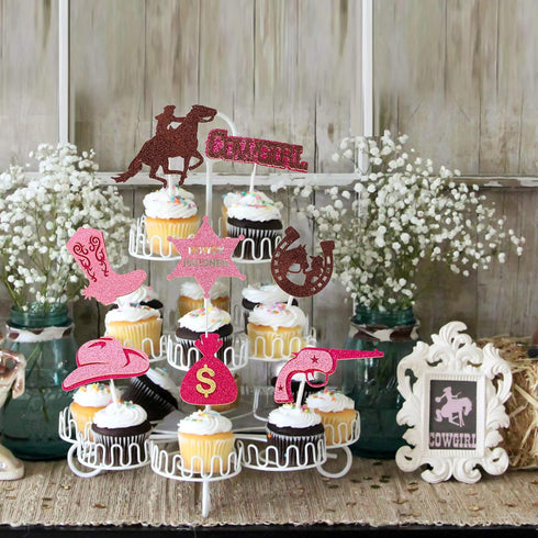 24Pcs Cowgirl Party Cake Cupcake Topper Pink Cowgirl Western Cupcake Toppers for Western Cowgirl Party Kids Birthday Party Baby Shower Favor Suppl...