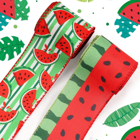 2 Rolls 10 Yards Summer Wired Edge Ribbon, 2.5inch Green White Stripe Burlap Ribbon, Watermelon Gift Wrapping Ribbon for Farmhouse Party DIY Craft...