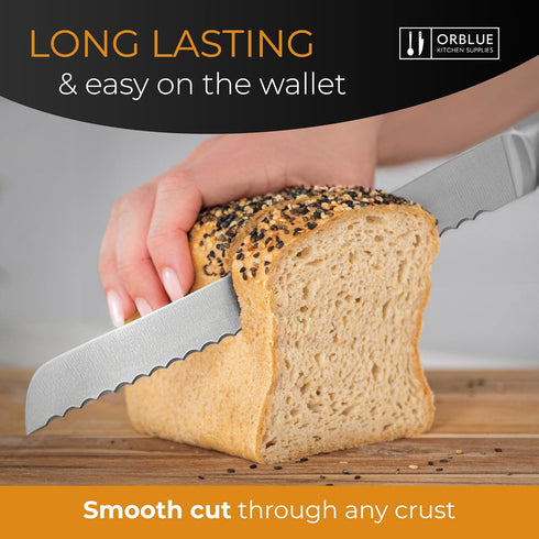 Orblue Serrated Bread Knife with 10-inch Upgraded Stainless Steel Razor Sharp Wavy Edge Width - Bread Cutter Ideal for Slicing Homemade Bagels and...