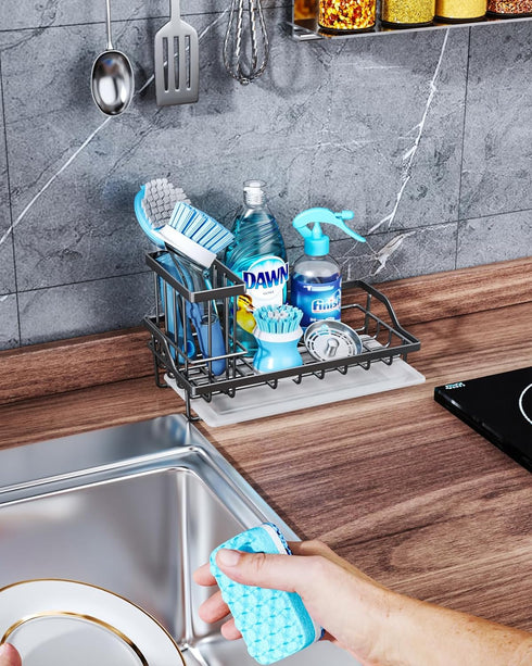 Consumest Sink Caddy-Kitchen Sponge Holder + Dish Brush Holder for Kitchen Sink, Sink Organizer with Drip Tray for Countertop Stainless Steel Rust...