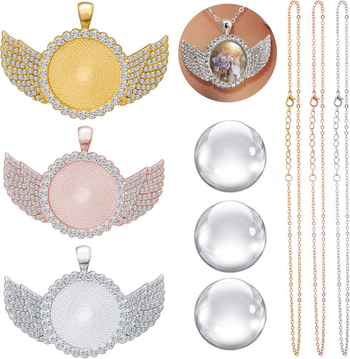 OIIKI 9pcs Rhinestone Wing Shape Bezel Pendant Trays with Round Glass Cabochons and Lobster Clasps Chains Set, Wing Rhinestone Tray for DIY Jewelr...