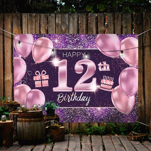 Happy 12th Birthday Banner Backdrop - 12 Birthday Party Decorations Supplies for Girl - Pink Purple Gold 4 x 6ft...