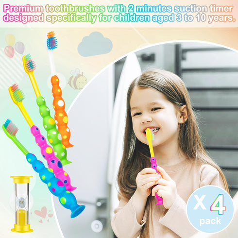 Soft Kids Toothbrushes with Suction Timer and Flossing Bristles, Children Sized Brush Heads (3-10 Year Old), Suction Cup for Fun & Easy Storage, T...