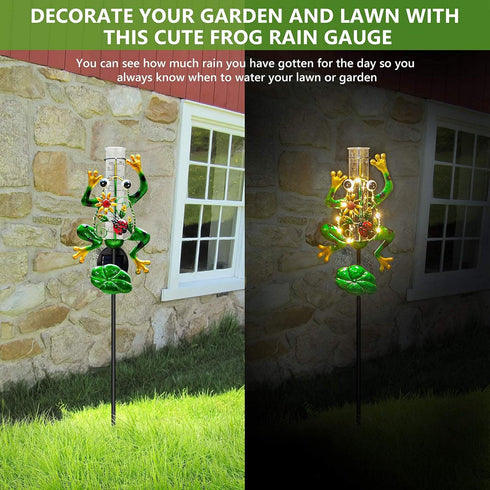 Solar Rain Gauge Outdoor, Metal Frog Shape, 6 inchs Glass Tube, with 2 Feet Stake, Decorative for Yards, Garden, Lawn...