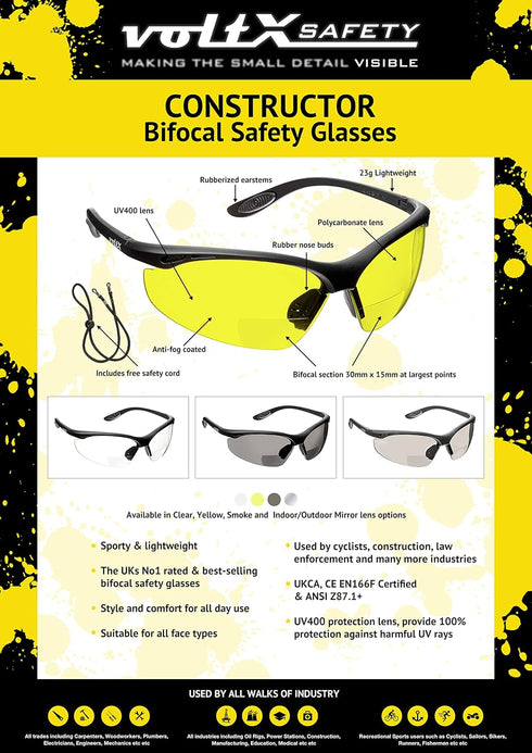 voltX 'CONSTRUCTOR' BIFOCAL Reading Safety Glasses (YELLOW +1.5 Dioptre) ANSI Z87.1+ & CE EN166F, certified/Cycling Sports Glasses includes safety...